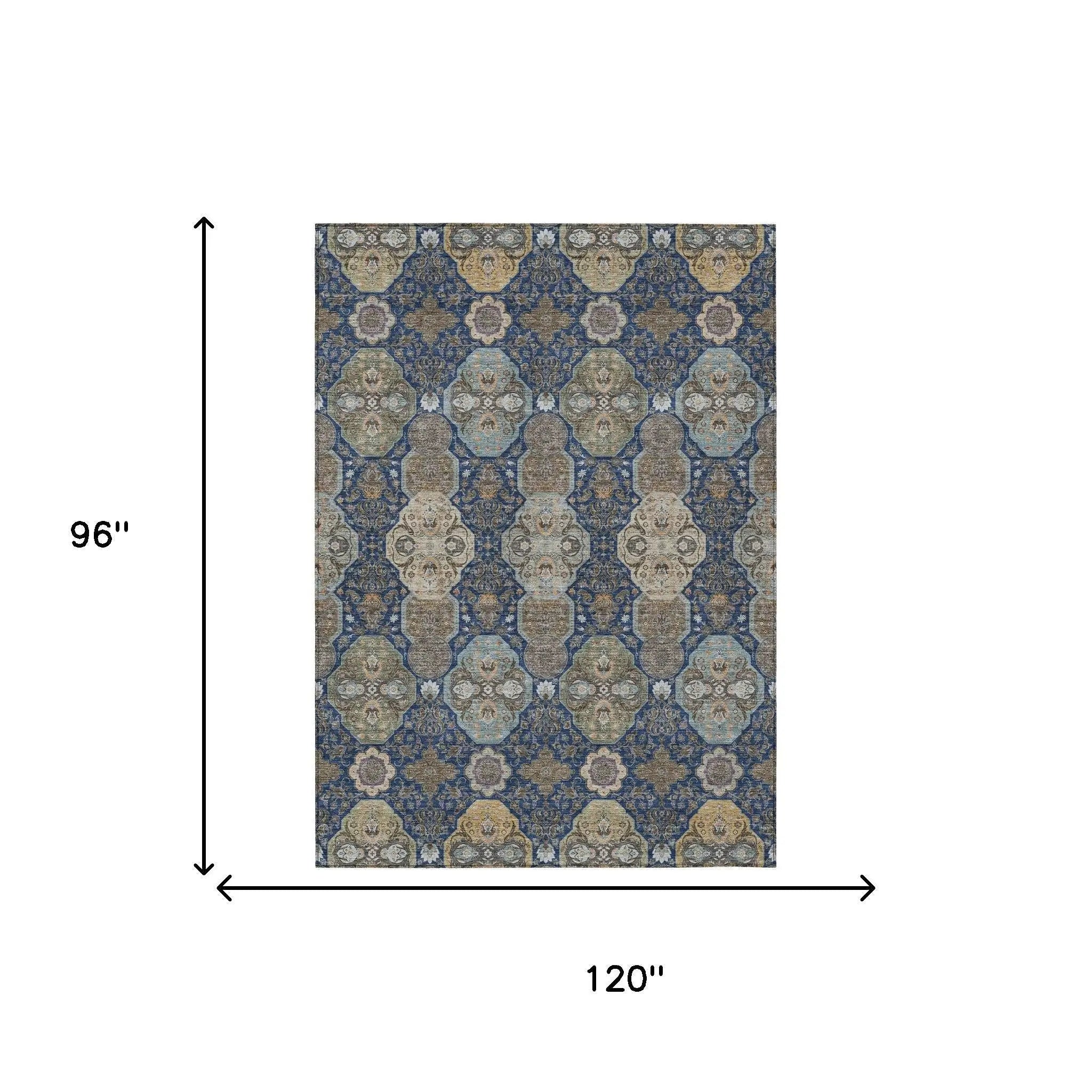8' X 10' Navy Blue And Gray Floral Washable Indoor Outdoor Area Rug Homeroots Outdoor