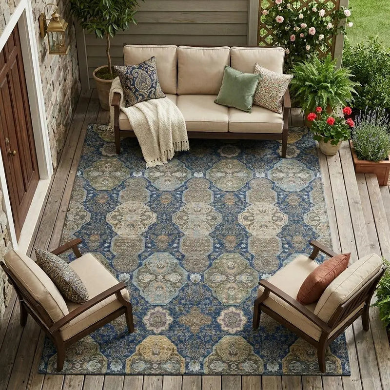 8' X 10' Navy Blue And Gray Floral Washable Indoor Outdoor Area Rug Homeroots Outdoor