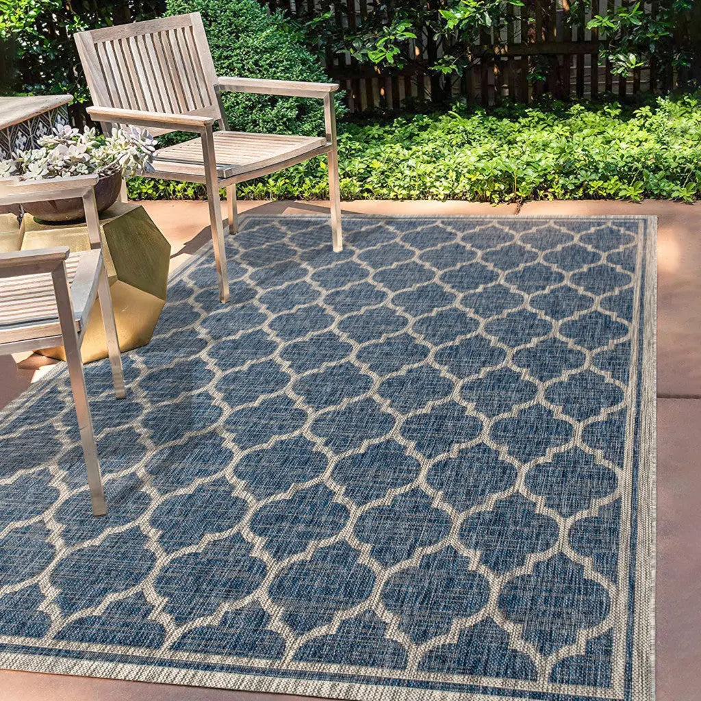 8' X 10' Navy Blue And Gray Geometric Indoor Outdoor Area Rug Homeroots Outdoor