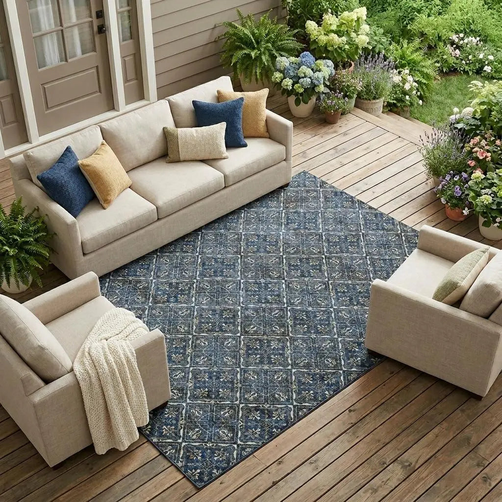Navy blue patterned area rug on wooden patio with beige furniture and colorful throw pillows, perfect for outdoor decor.