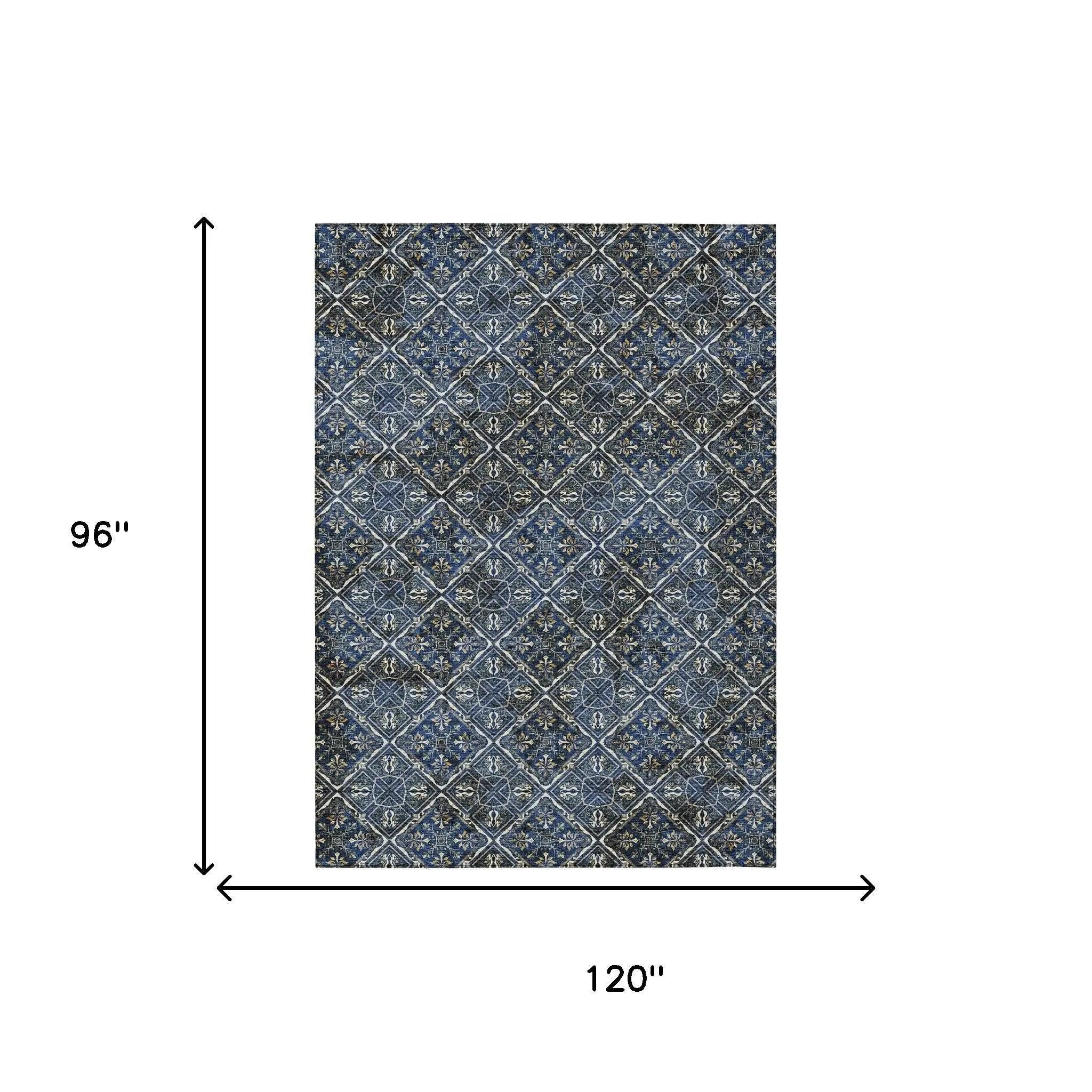 Blue patterned area rug, 120"x96", featuring intricate geometric designs in a modern style. Perfect for any room.