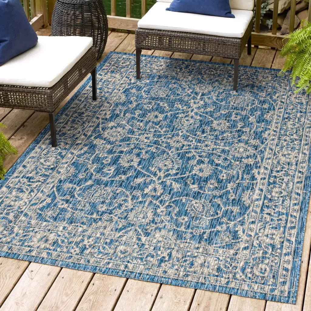 8' X 10' Navy Blue And Gray Medallion Indoor Outdoor Area Rug Homeroots Outdoor