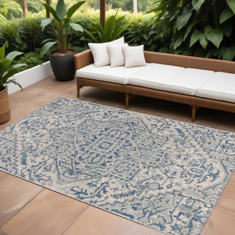 8' X 10' Navy Blue And Gray Medallion Indoor Outdoor Area Rug Homeroots Outdoor