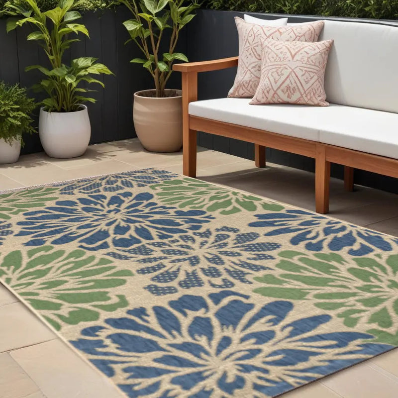8' X 10' Navy Blue And Green Floral Indoor Outdoor Area Rug Homeroots Outdoor