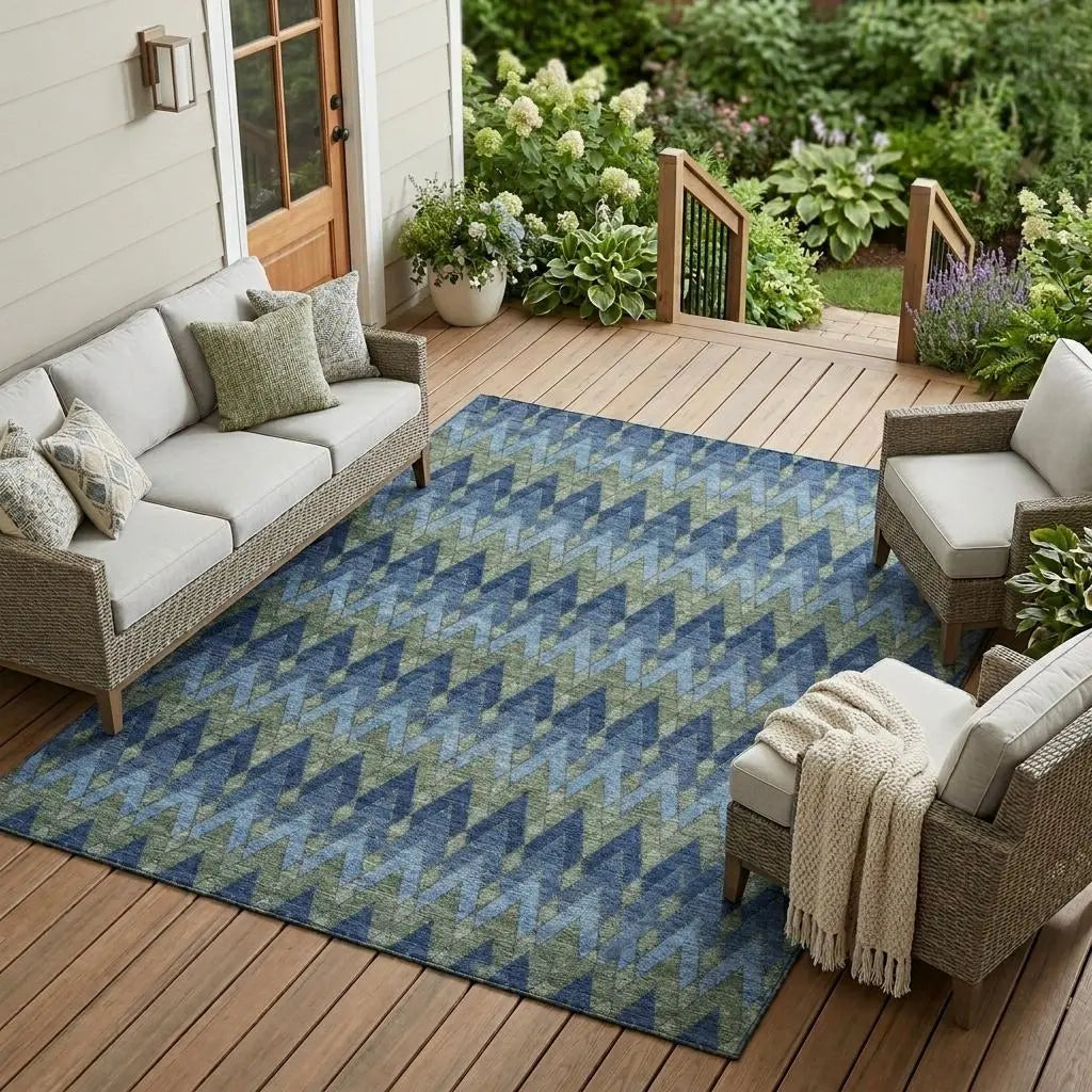 8' X 10' Navy Blue And Green Geometric Washable Indoor Outdoor Area Rug Homeroots Outdoor
