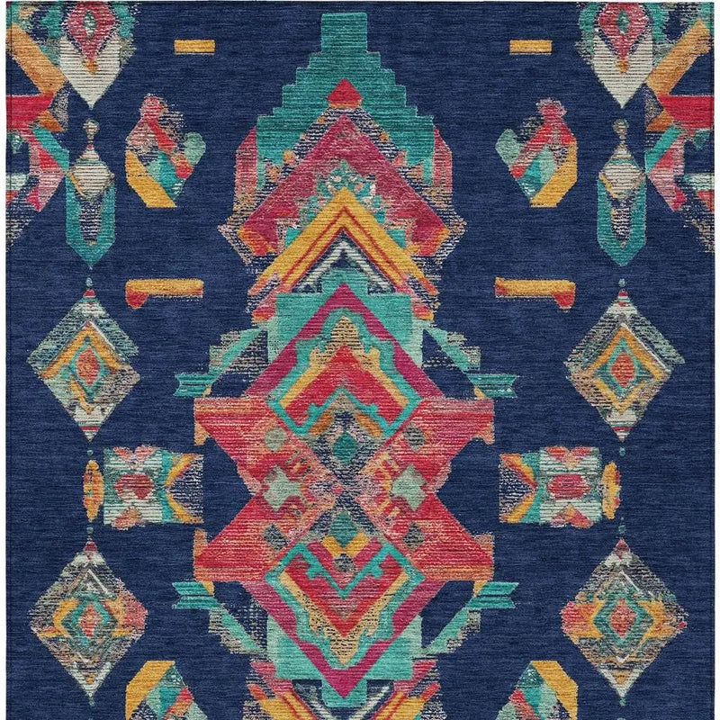 8' X 10' Navy Blue And Green Tribal Washable Indoor Outdoor Area Rug Homeroots Outdoor