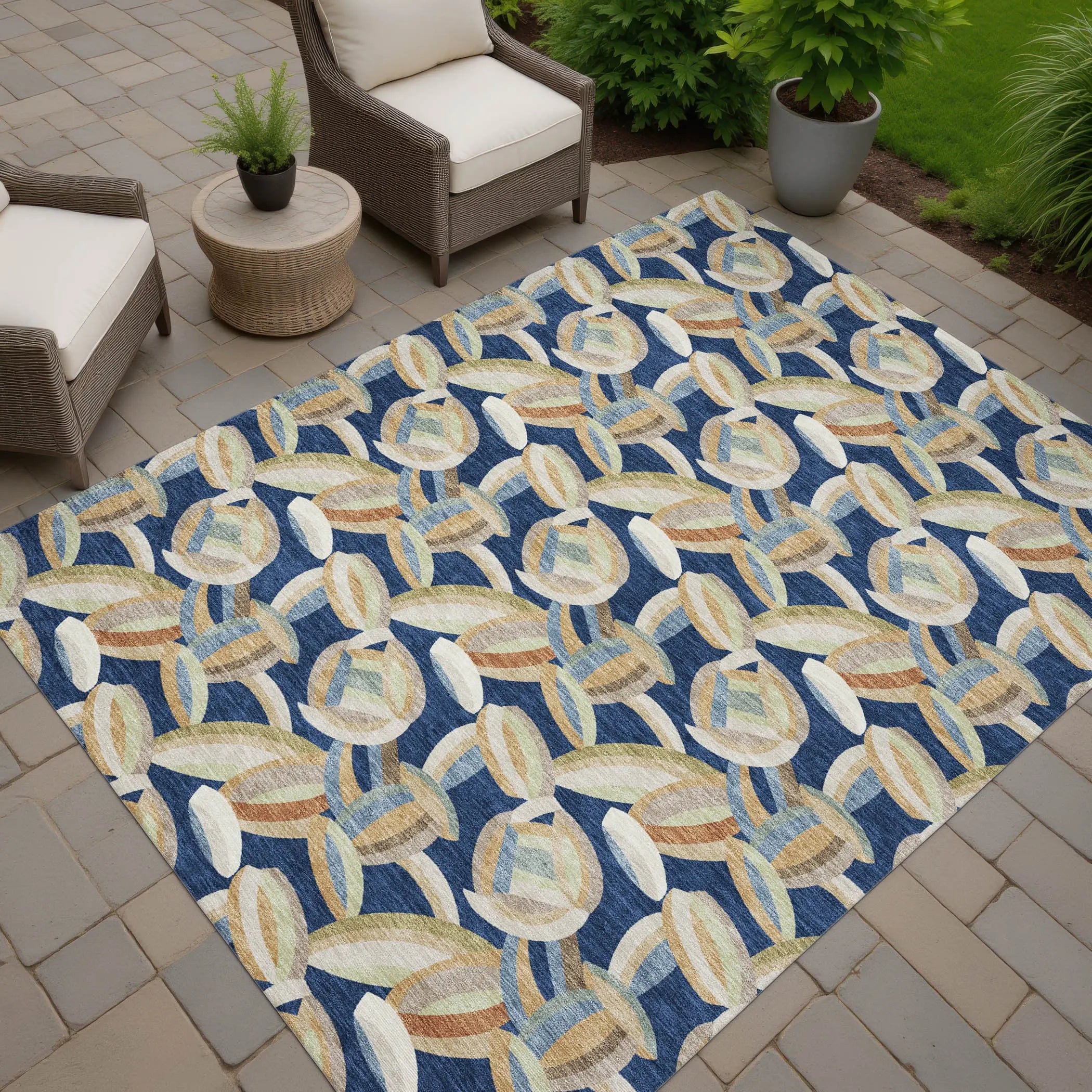 8' X 10' Navy Blue And Ivory Abstract Washable Indoor Outdoor Area Rug Homeroots Outdoor