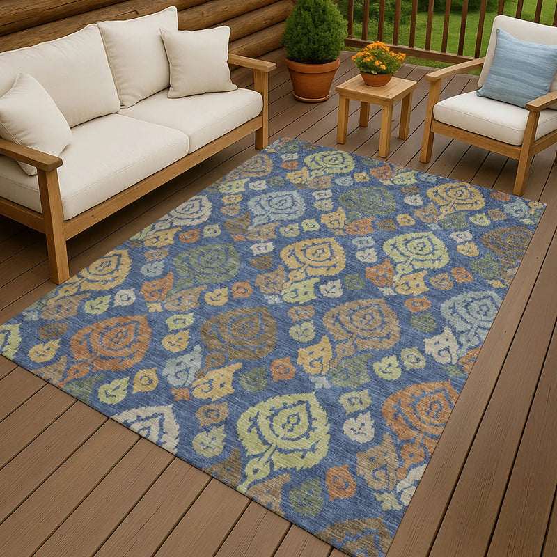 8' X 10' Navy Blue And Ivory Damask Washable Indoor Outdoor Area Rug Homeroots Outdoor