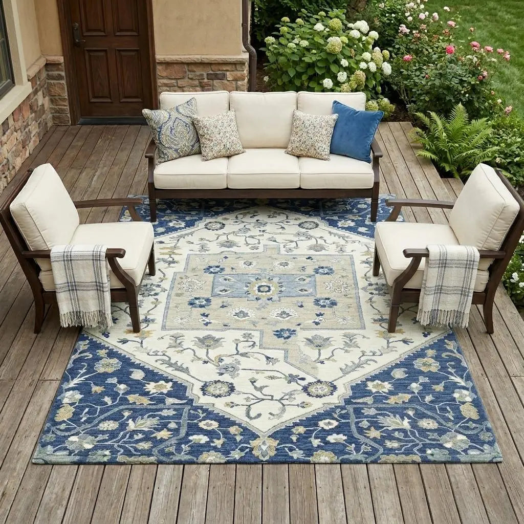 8' X 10' Navy Blue And Ivory Floral Medallion Washable Indoor Outdoor Area Rug Homeroots Outdoor