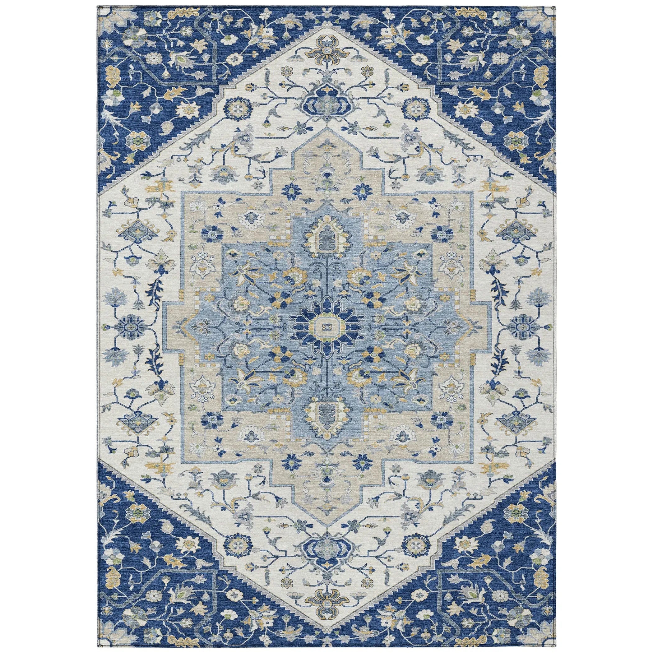 8' X 10' Navy Blue And Ivory Floral Medallion Washable Indoor Outdoor Area Rug Homeroots Outdoor