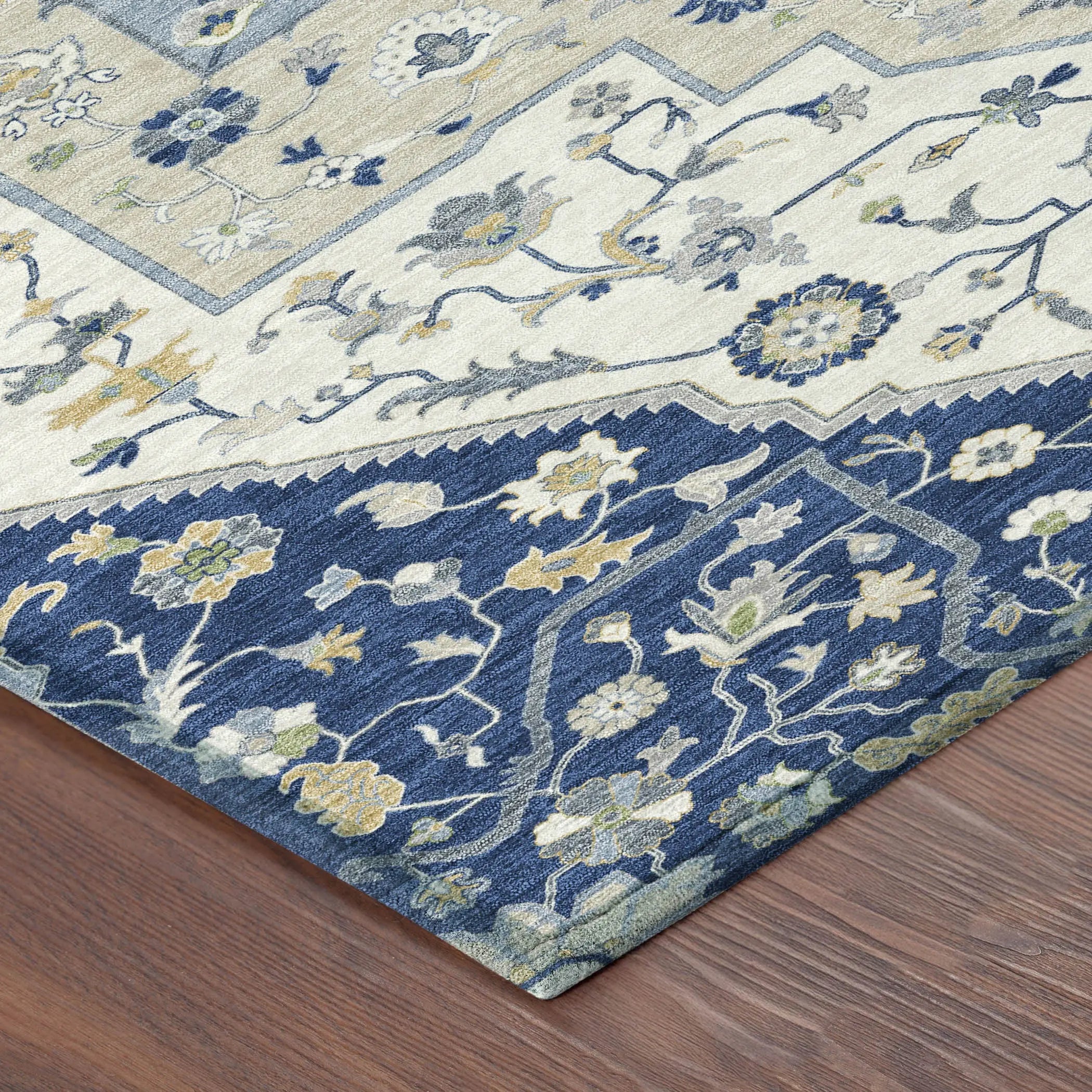 8' X 10' Navy Blue And Ivory Floral Medallion Washable Indoor Outdoor Area Rug Homeroots Outdoor