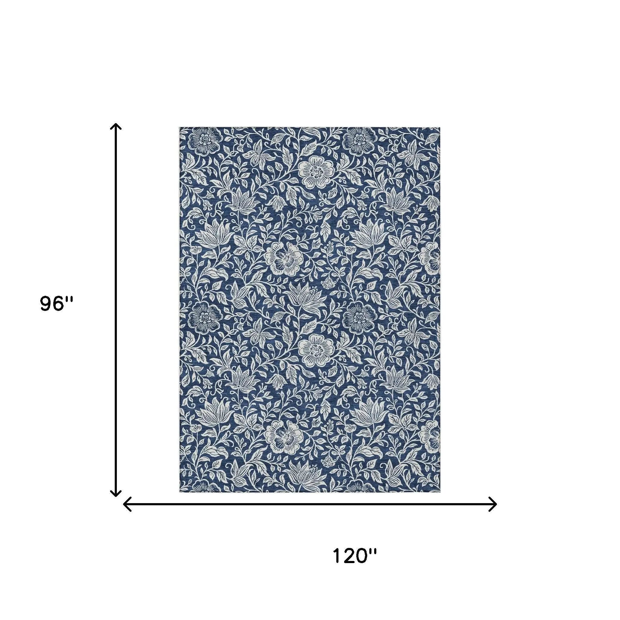 Navy blue floral patterned tablecloth, 96"x120", made from durable cotton polyester blend, perfect for elegant dining.