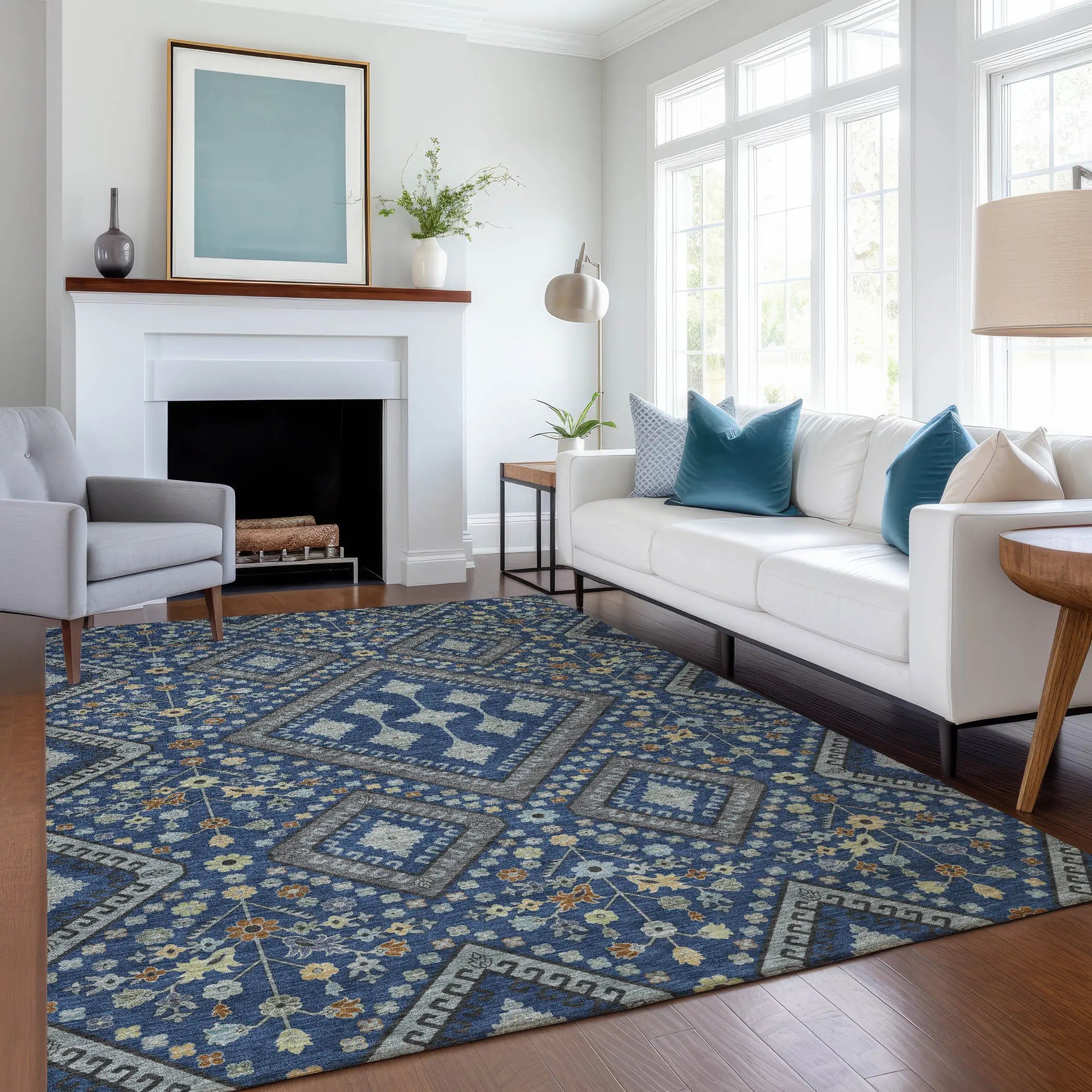8' X 10' Navy Blue And Ivory Medallion Washable Indoor Outdoor Area Rug Homeroots Outdoor