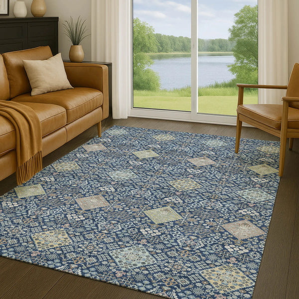 8' X 10' Navy Blue And Ivory Oriental Washable Indoor Outdoor Area Rug Homeroots Outdoor