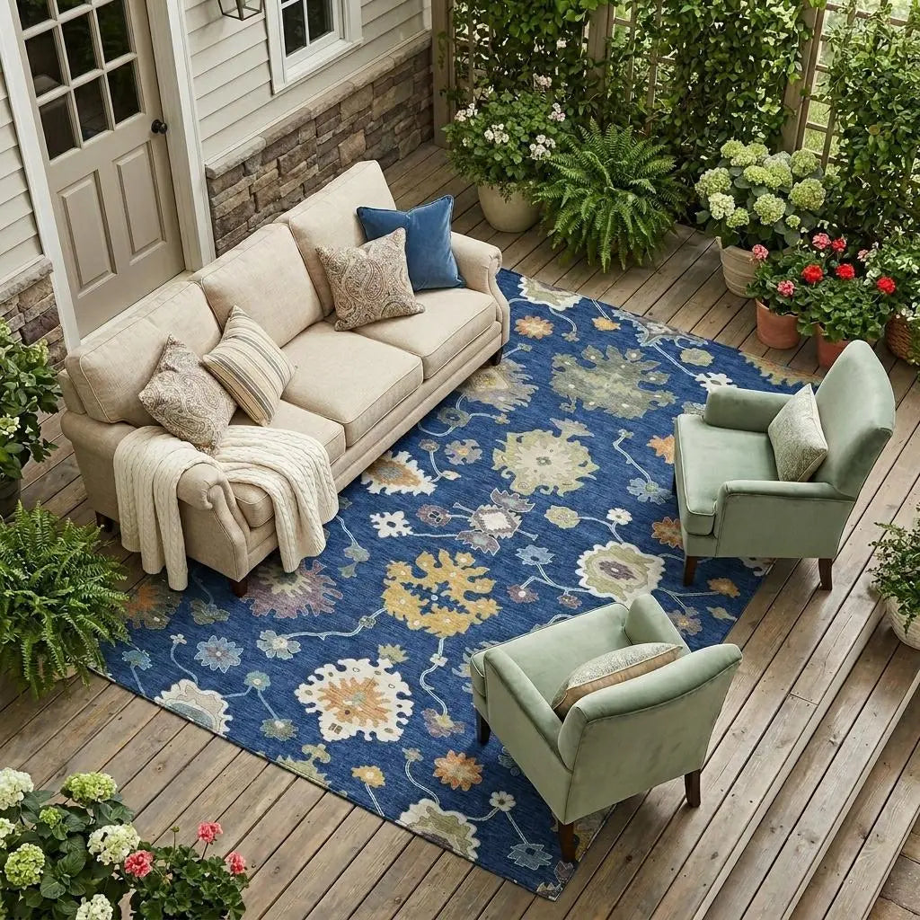 8' X 10' Navy Blue And Ivory Oriental Washable Indoor Outdoor Area Rug Homeroots Outdoor