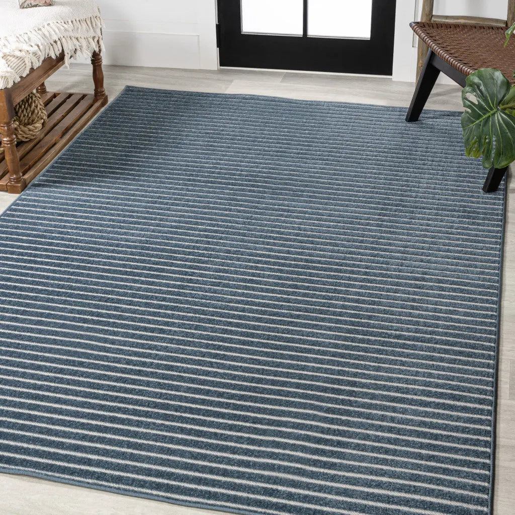 8' X 10' Navy Blue And Ivory Striped Indoor Outdoor Area Rug - GreatEagleInc