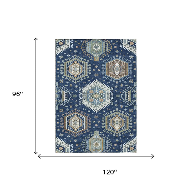 8' X 10' Navy Blue And Ivory Tribal Washable Indoor Outdoor Area Rug Homeroots Outdoor