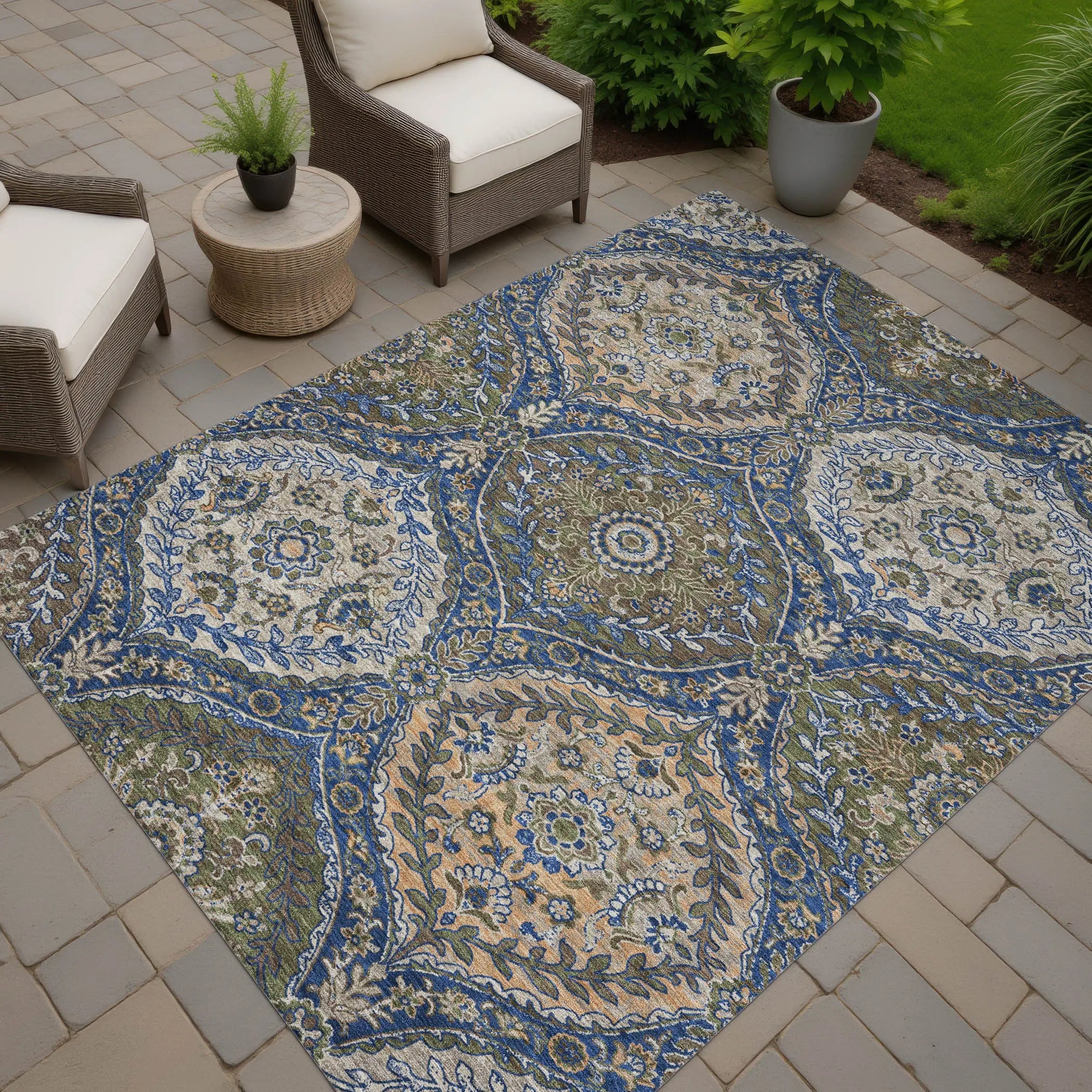8' X 10' Navy Blue And Linen Ogee Washable Indoor Outdoor Area Rug Homeroots Outdoor