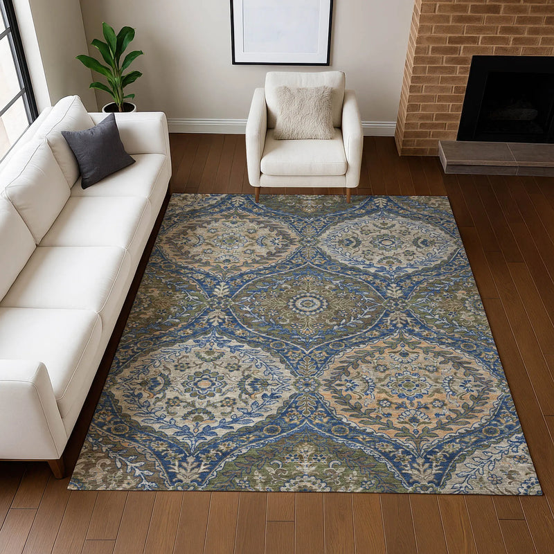 8' X 10' Navy Blue And Linen Ogee Washable Indoor Outdoor Area Rug Homeroots Outdoor