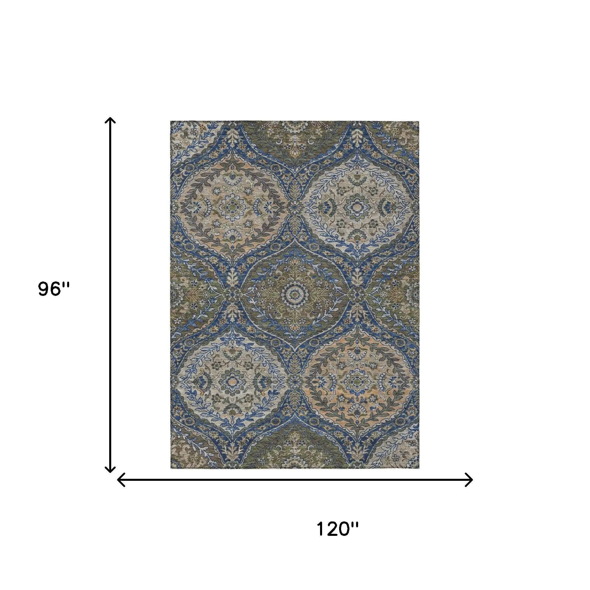 8' X 10' Navy Blue And Linen Ogee Washable Indoor Outdoor Area Rug Homeroots Outdoor