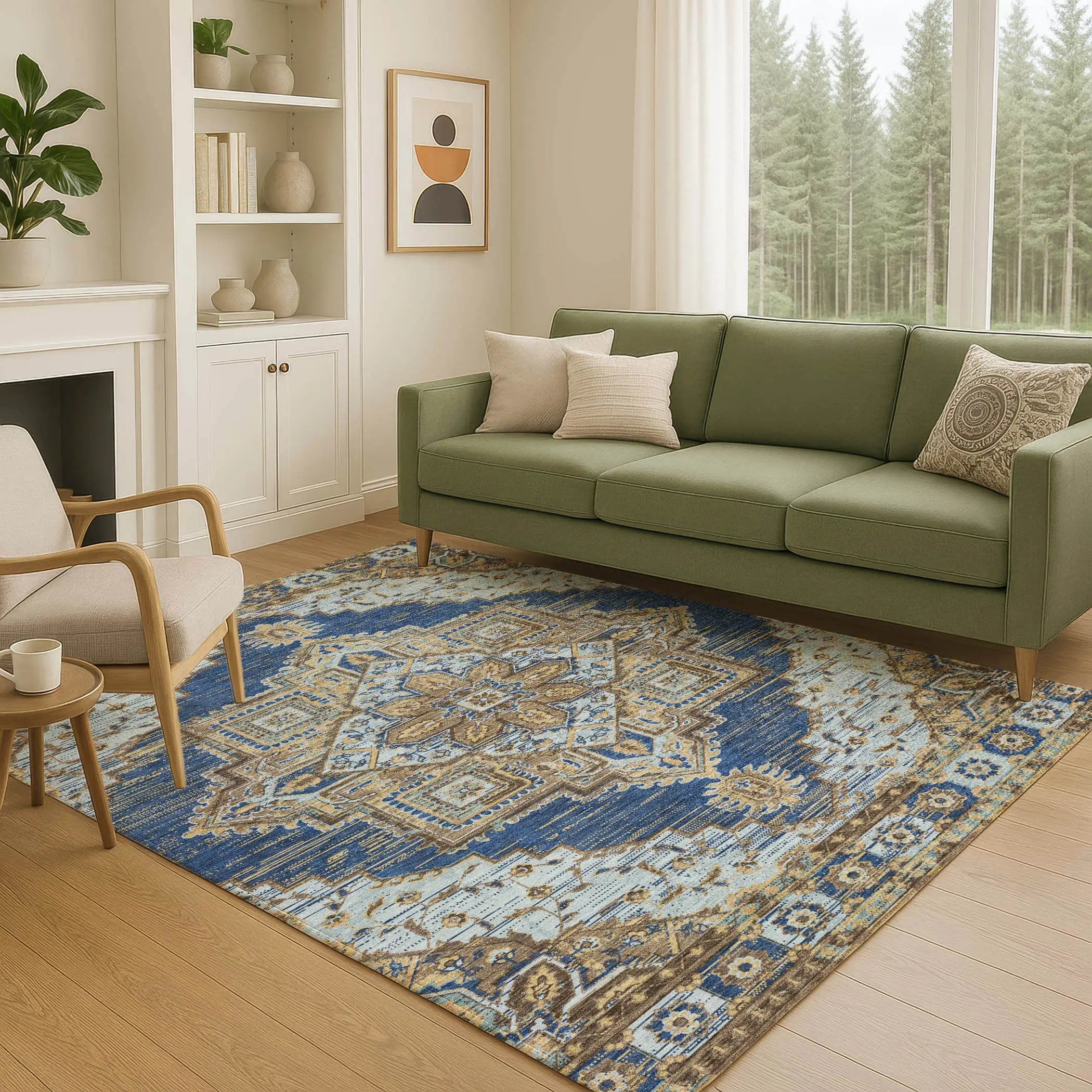 8' X 10' Navy Blue And Linen Oriental Washable Indoor Outdoor Area Rug Homeroots Outdoor