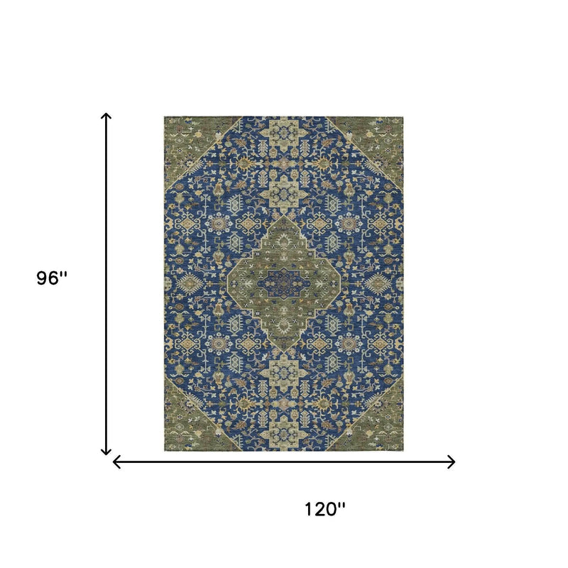 8' X 10' Navy Blue And Pewter Medallion Washable Indoor Outdoor Area Rug Homeroots Outdoor