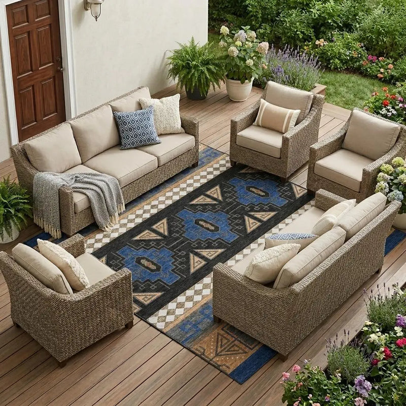 8' X 10' Navy Blue And Salmon Tribal Washable Indoor Outdoor Area Rug Homeroots Outdoor