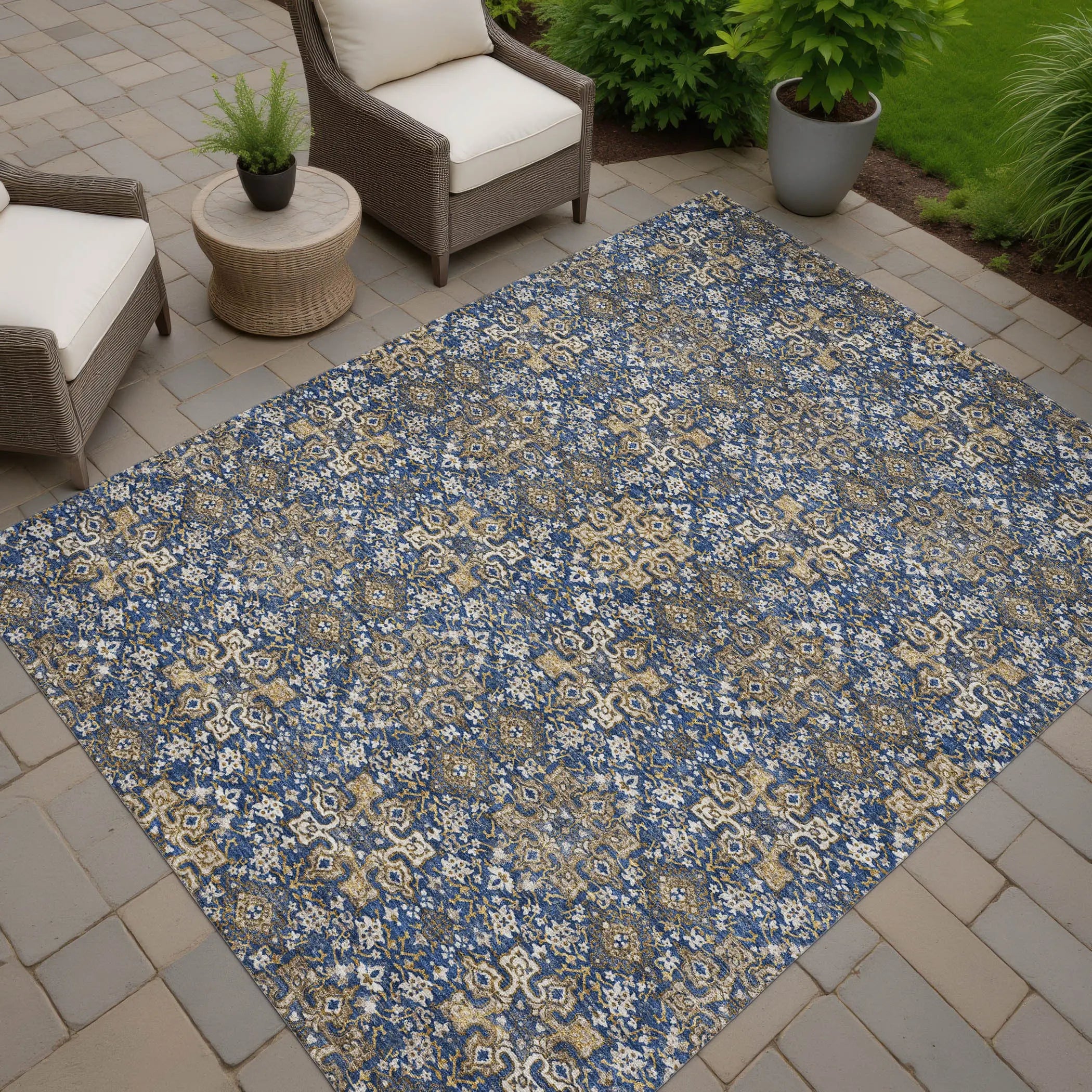 8' X 10' Navy Blue And Silver Oriental Washable Indoor Outdoor Area Rug Homeroots Outdoor