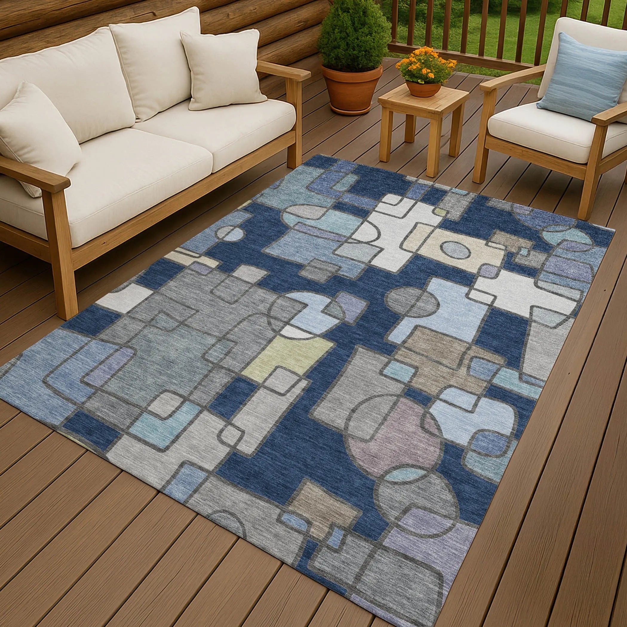 8' X 10' Navy Blue And Sky Blue Geometric Washable Indoor Outdoor Area Rug Homeroots Outdoor