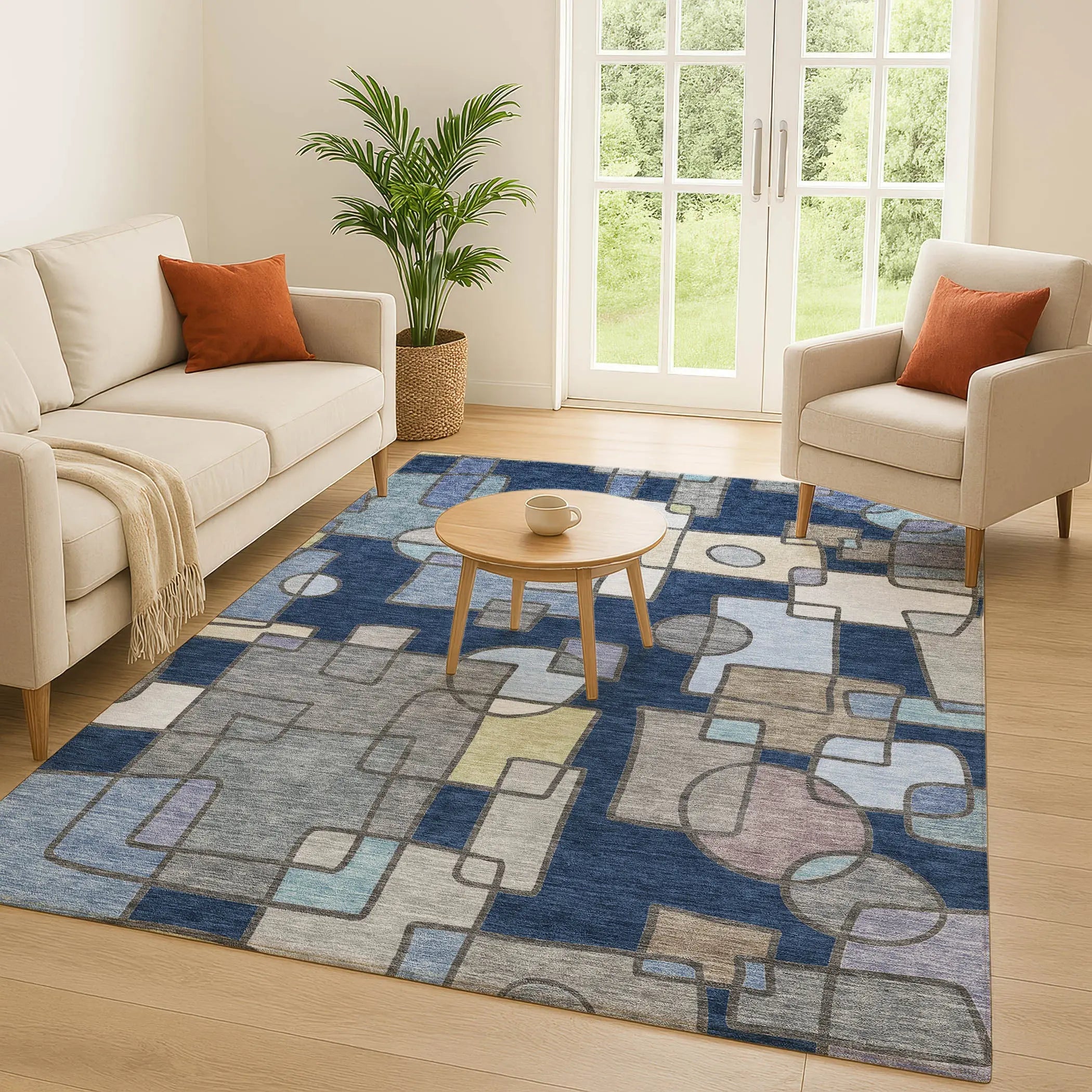8' X 10' Navy Blue And Sky Blue Geometric Washable Indoor Outdoor Area Rug Homeroots Outdoor