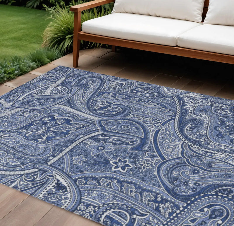8' X 10' Navy Blue And Sky Blue Paisley Washable Indoor Outdoor Area Rug Homeroots Outdoor