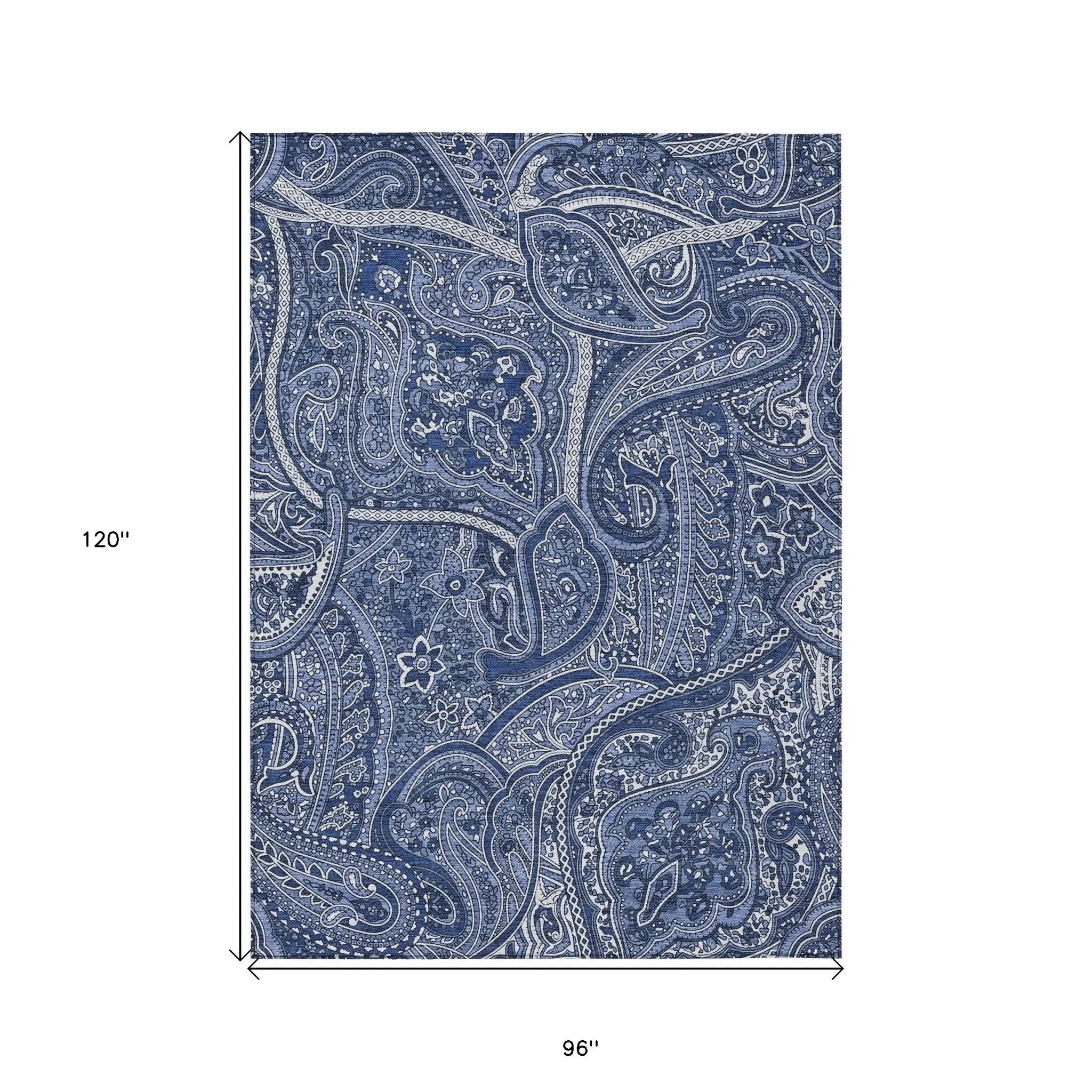 8' X 10' Navy Blue And Sky Blue Paisley Washable Indoor Outdoor Area Rug Homeroots Outdoor
