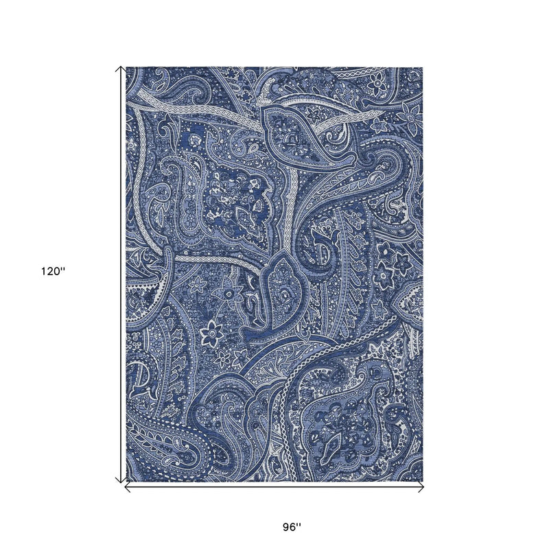 8' X 10' Navy Blue And Sky Blue Paisley Washable Indoor Outdoor Area Rug Homeroots Outdoor