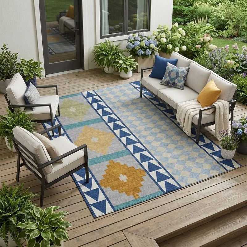 8' X 10' Navy Blue And Sky Blue Southwestern Washable Indoor Outdoor Area Rug Homeroots Outdoor