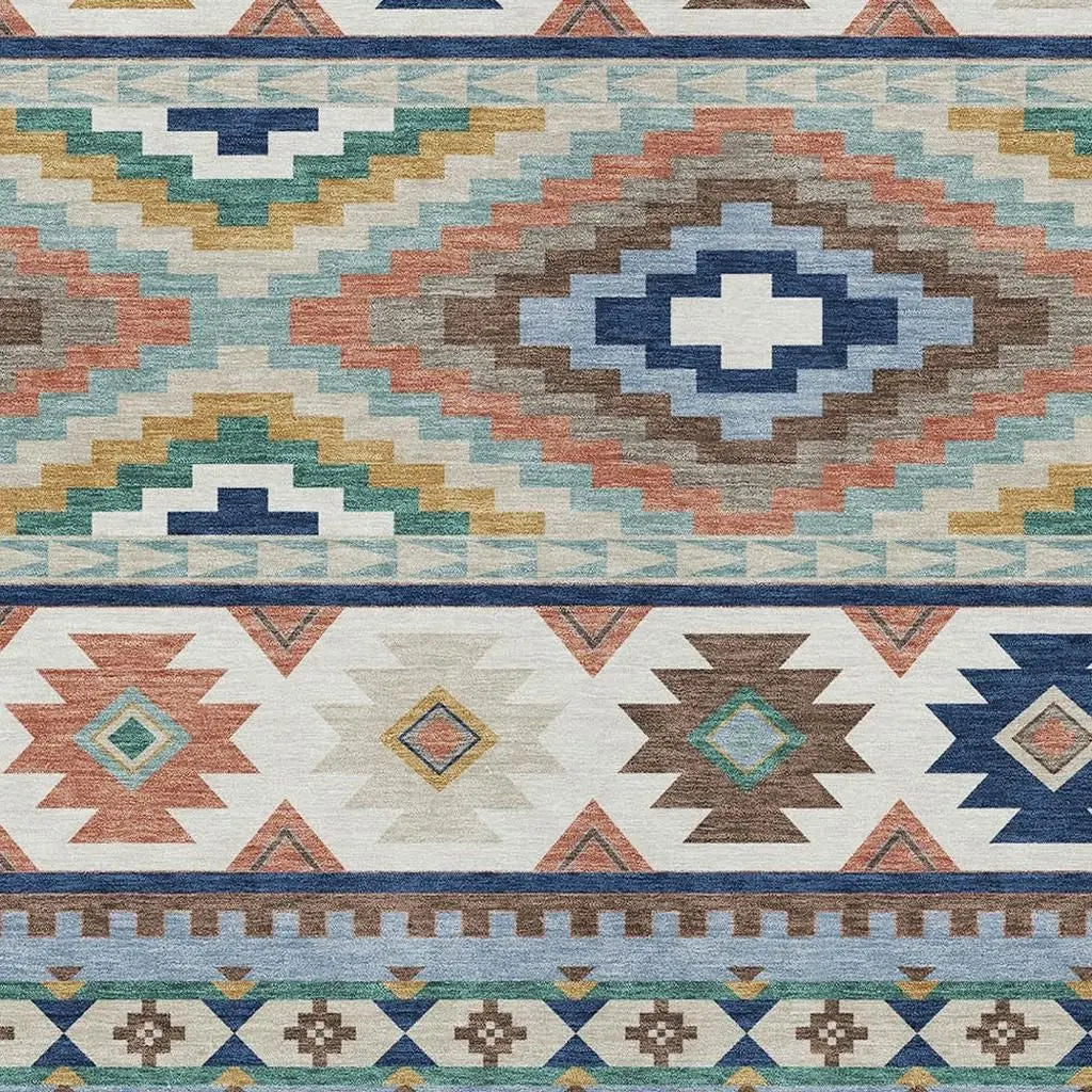 8' X 10' Navy Blue And Sky Blue Southwestern Washable Indoor Outdoor Area Rug Homeroots Outdoor