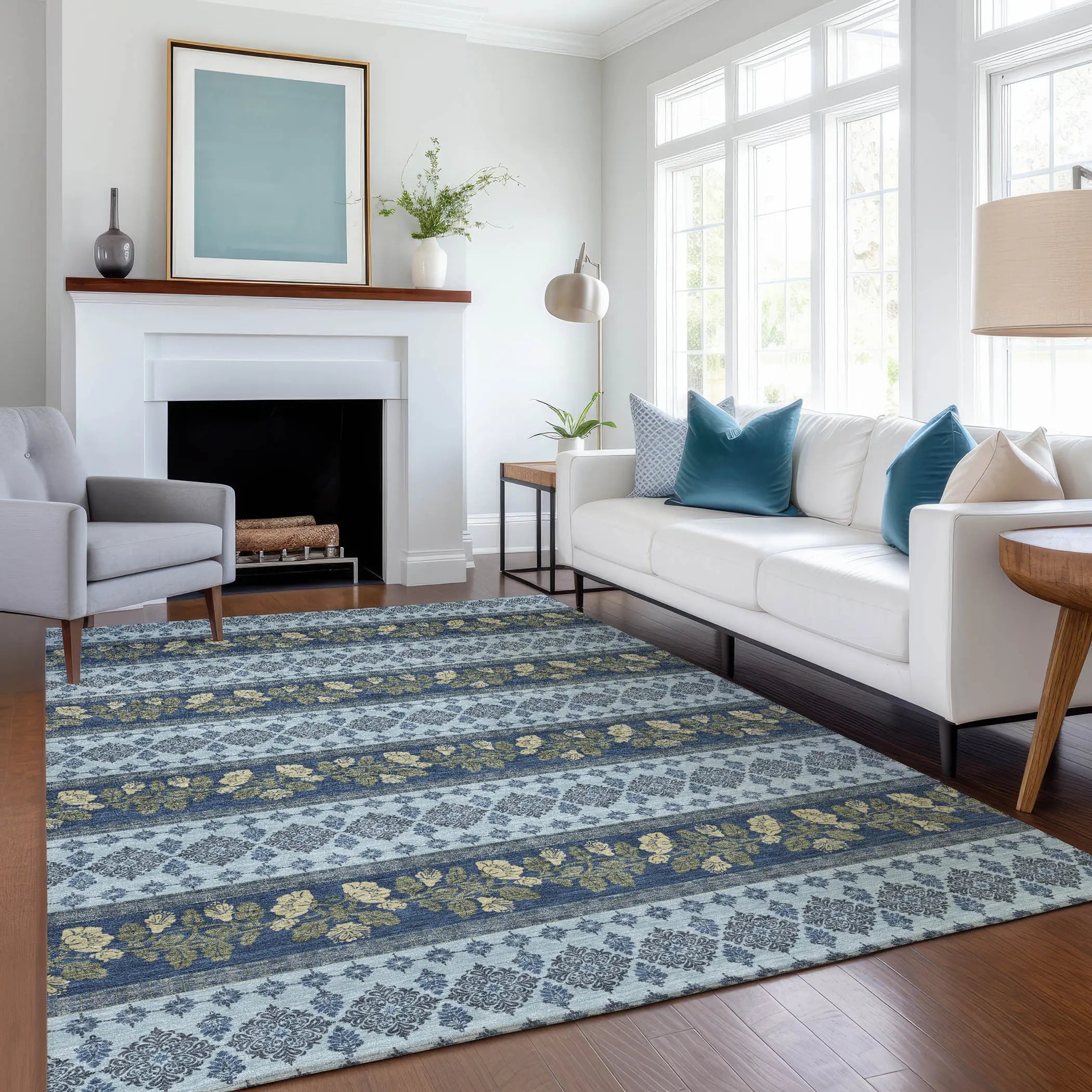 8' X 10' Navy Blue And Sky Blue Striped Washable Indoor Outdoor Area Rug Homeroots Outdoor