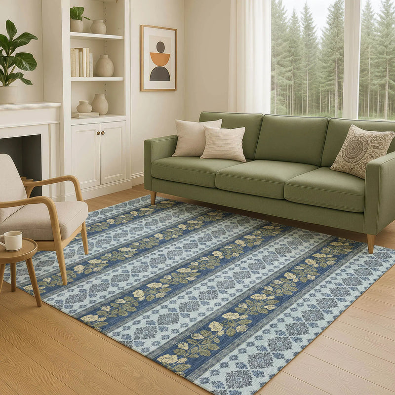8' X 10' Navy Blue And Sky Blue Striped Washable Indoor Outdoor Area Rug Homeroots Outdoor