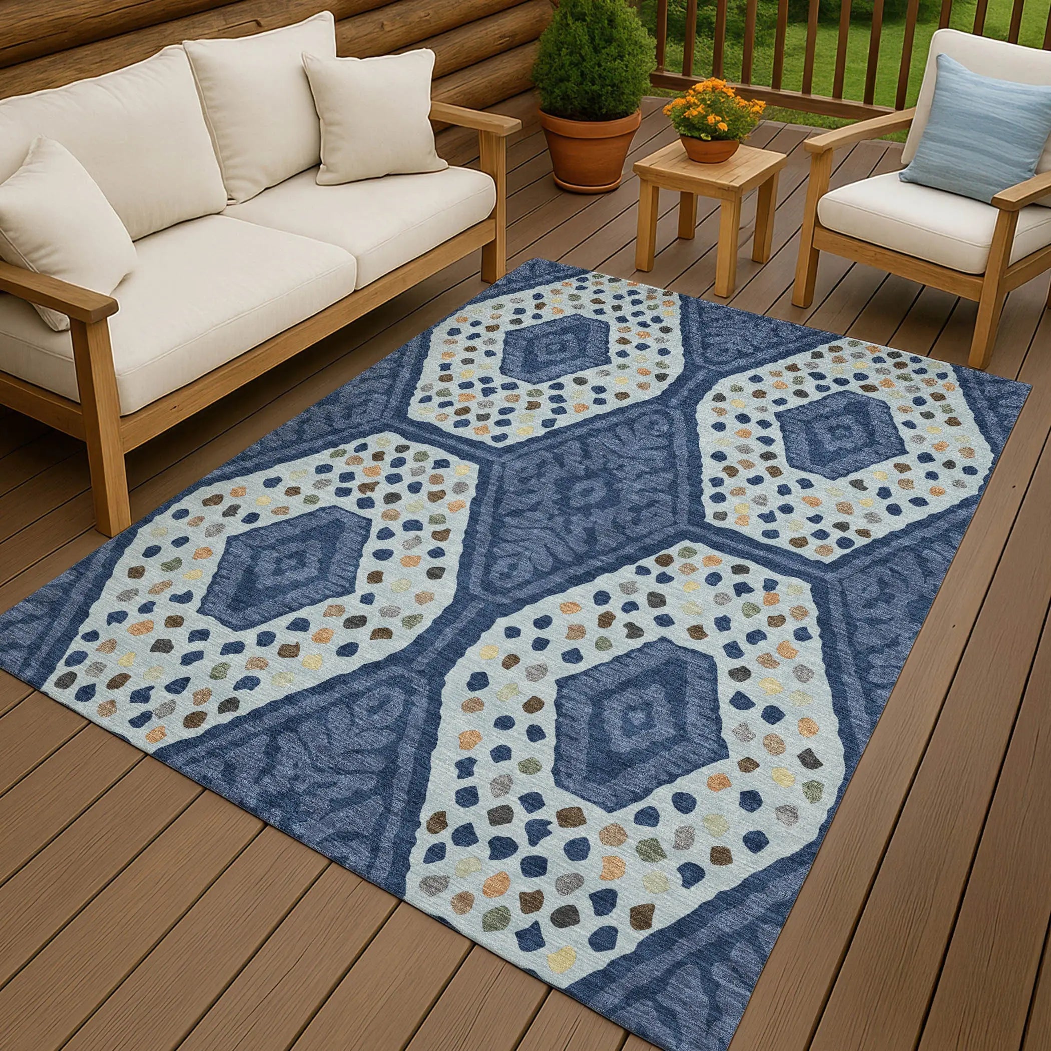8' X 10' Navy Blue And Sky Blue Tribal Washable Indoor Outdoor Area Rug Homeroots Outdoor