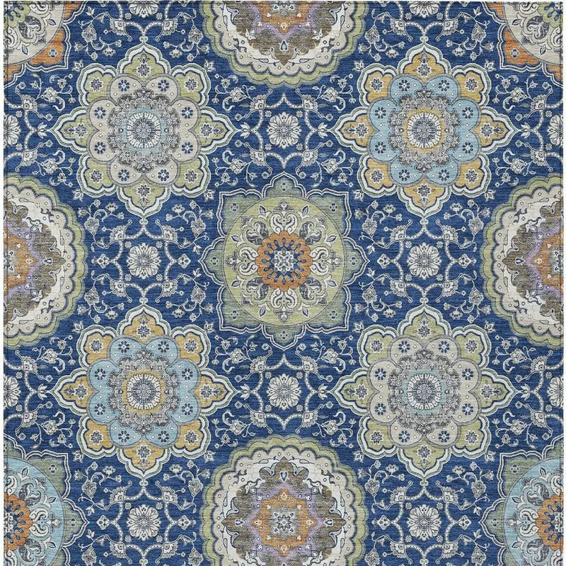 8' X 10' Navy Blue And Taupe Floral Medallion Washable Indoor Outdoor Area Rug Homeroots Outdoor