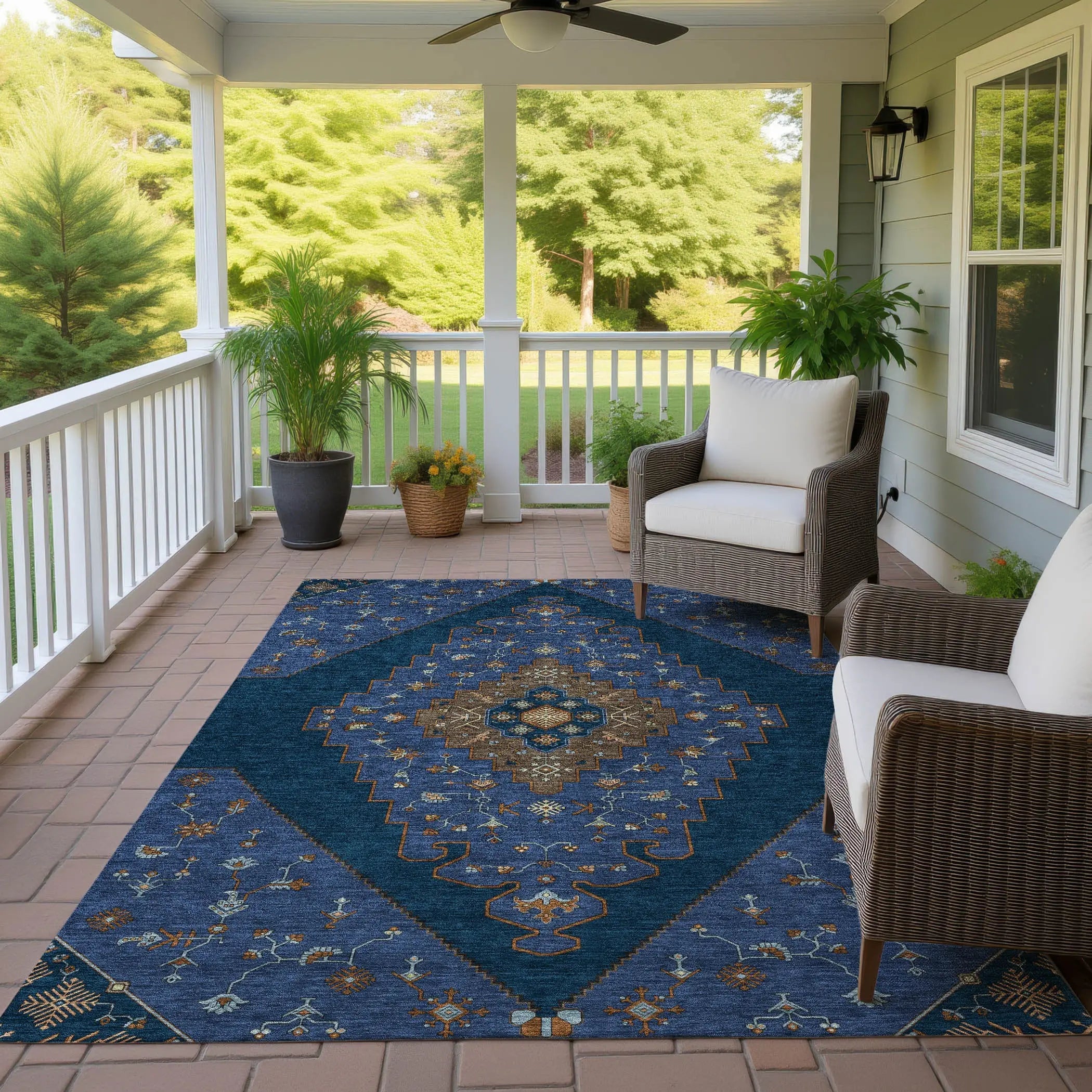 8' X 10' Navy Blue And Teal Blue Geometric Washable Indoor Outdoor Area Rug Homeroots Outdoor