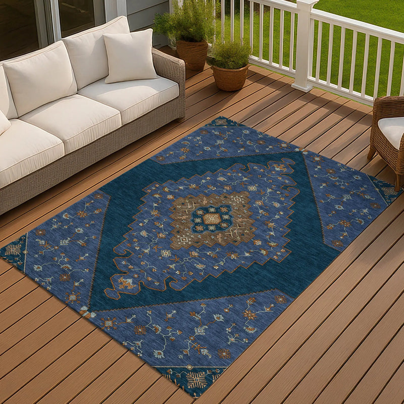 8' X 10' Navy Blue And Teal Blue Geometric Washable Indoor Outdoor Area Rug Homeroots Outdoor