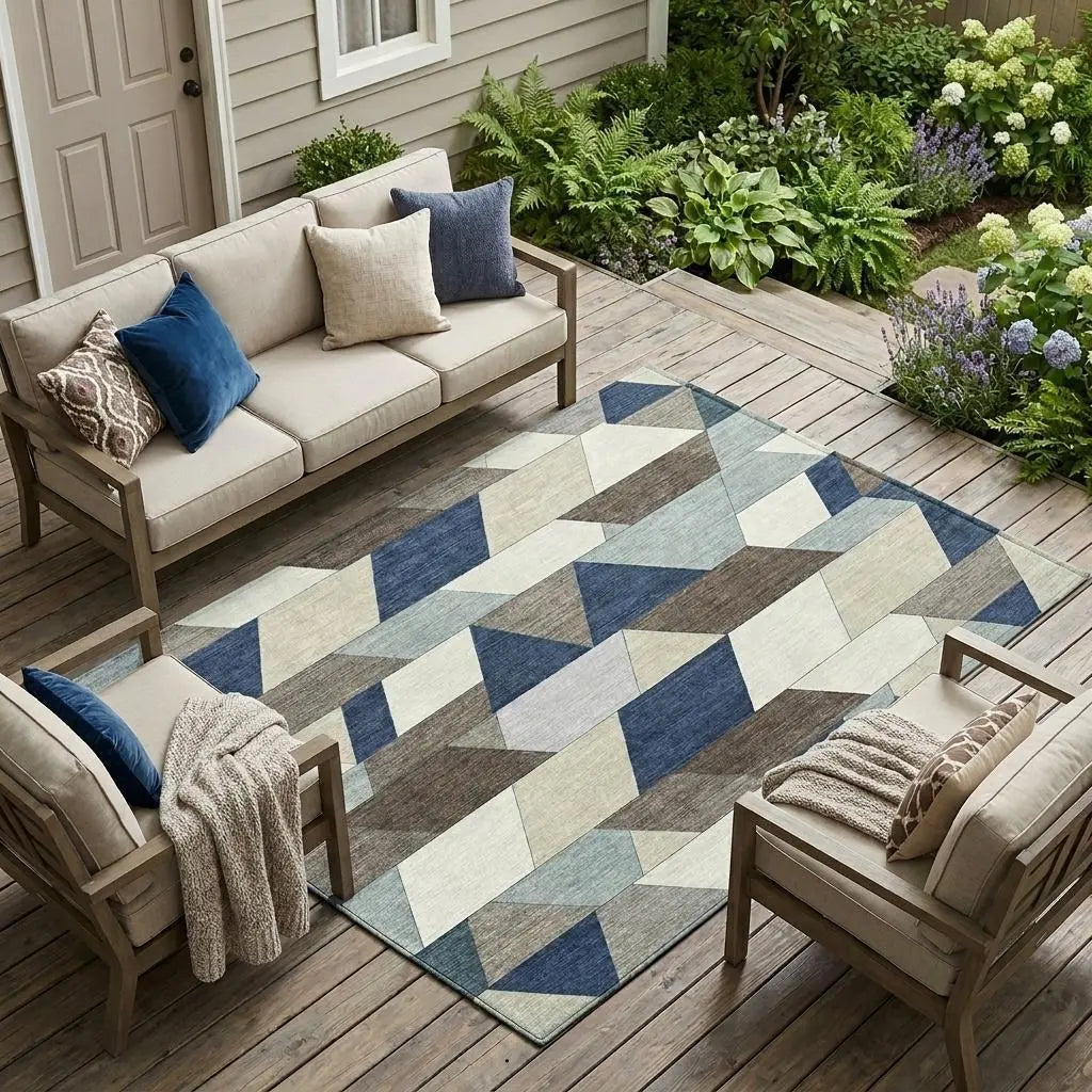8' X 10' Navy Blue And Teal Blue Geometric Washable Indoor Outdoor Area Rug Homeroots Outdoor