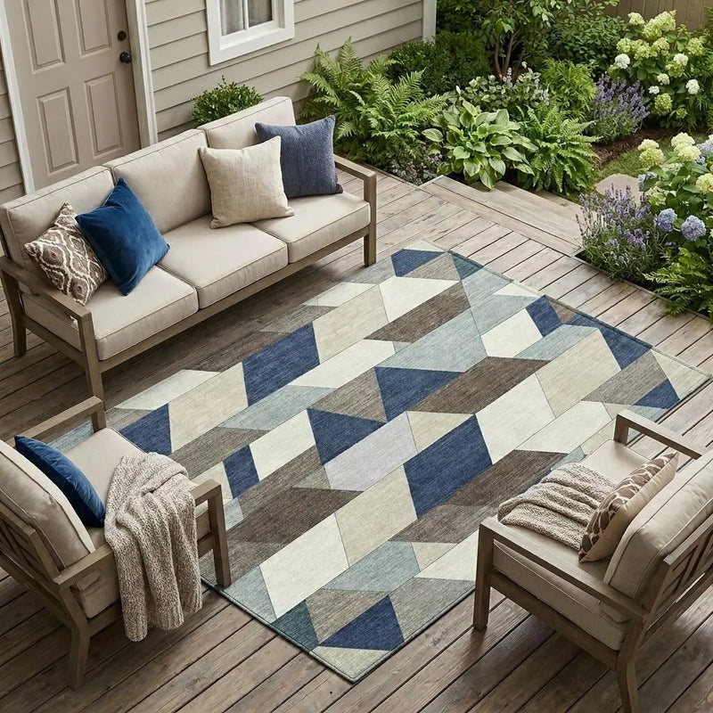 8' X 10' Navy Blue And Teal Blue Geometric Washable Indoor Outdoor Area Rug Homeroots Outdoor