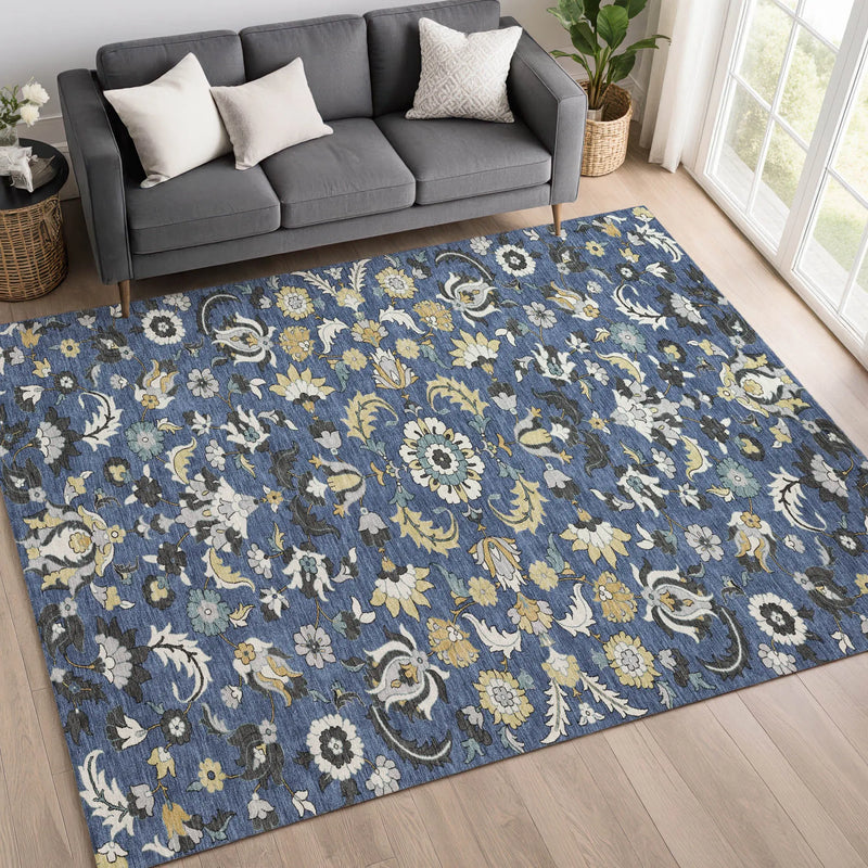 8' X 10' Navy Blue And Wheat Floral Medallion Washable Indoor Outdoor Area Rug Homeroots Outdoor