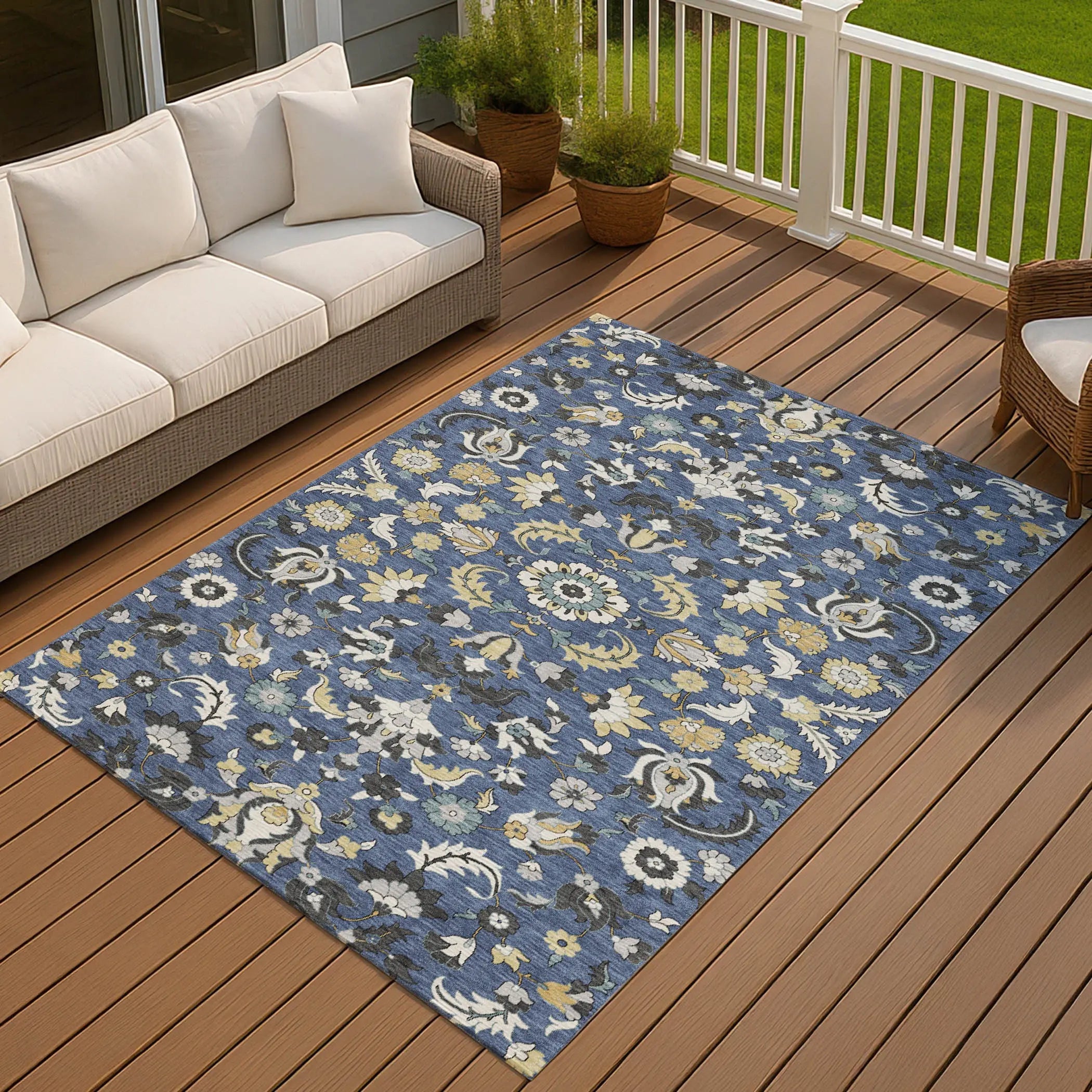 8' X 10' Navy Blue And Wheat Floral Medallion Washable Indoor Outdoor Area Rug Homeroots Outdoor