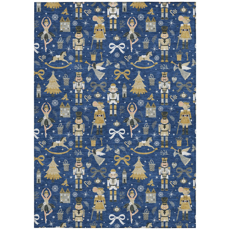 8' X 10' Navy Blue Gold Black And Gray Village House Washable Indoor Outdoor Area Rug Homeroots Outdoor