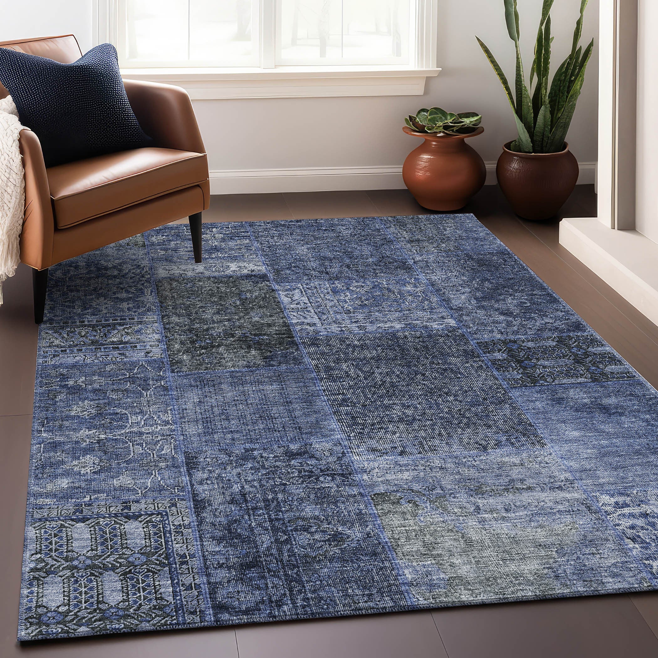 8' X 10' Navy Blue Gray And Silver Patchwork Washable Area Rug With UV Protection Homeroots Home Decor