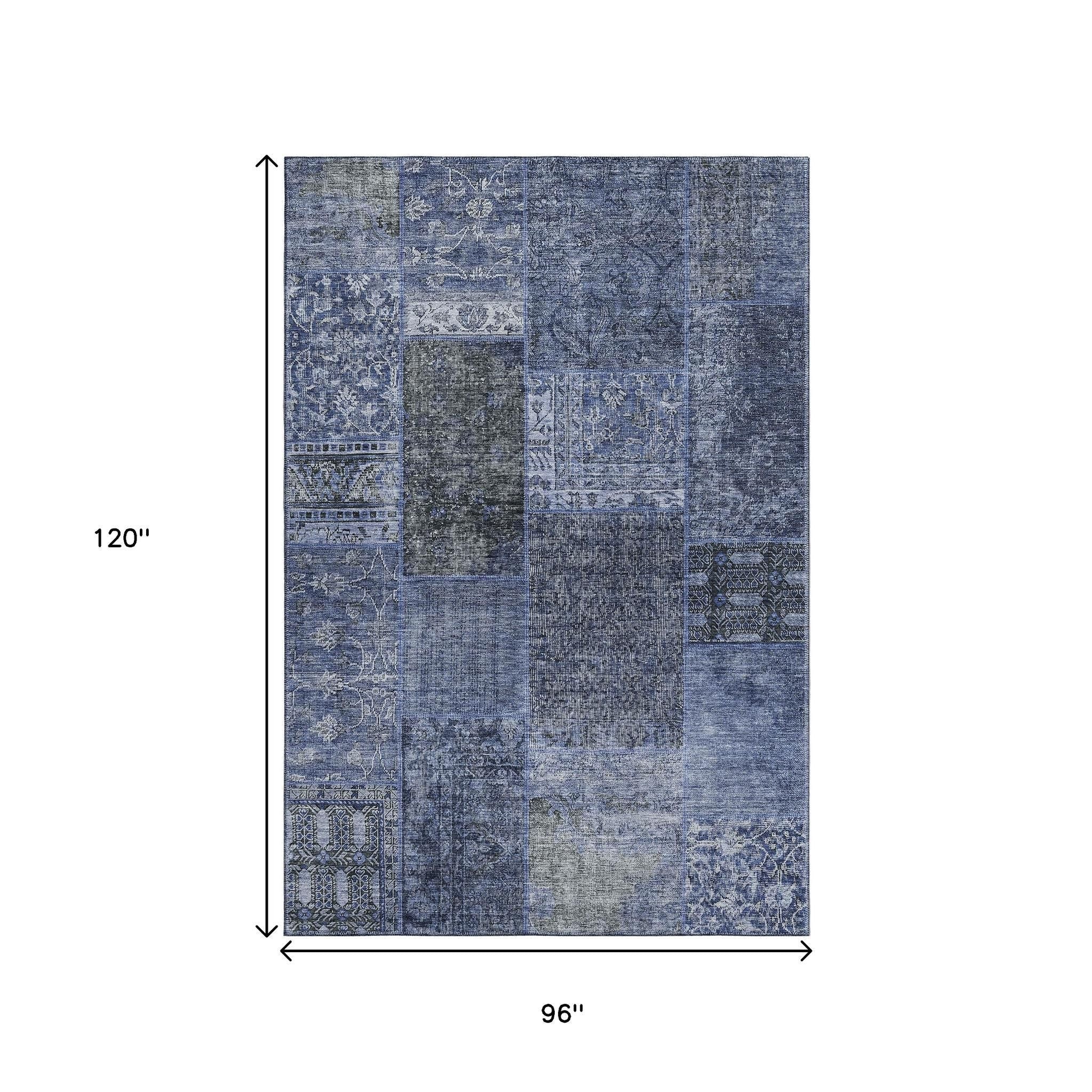 8' X 10' Navy Blue Gray And Silver Patchwork Washable Area Rug With UV Protection Homeroots Home Decor