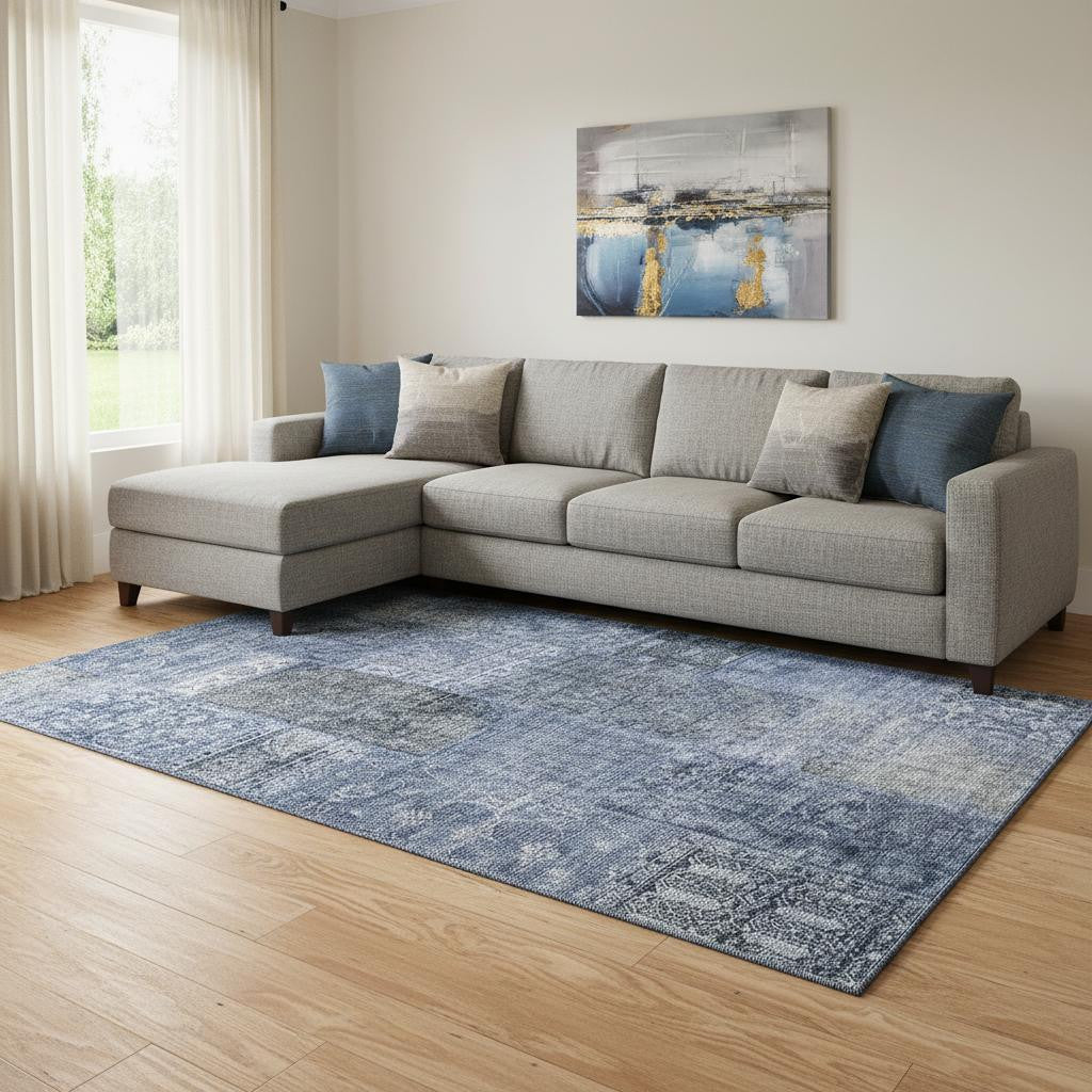 8' X 10' Navy Blue Gray And Silver Patchwork Washable Area Rug With UV Protection Homeroots Home Decor