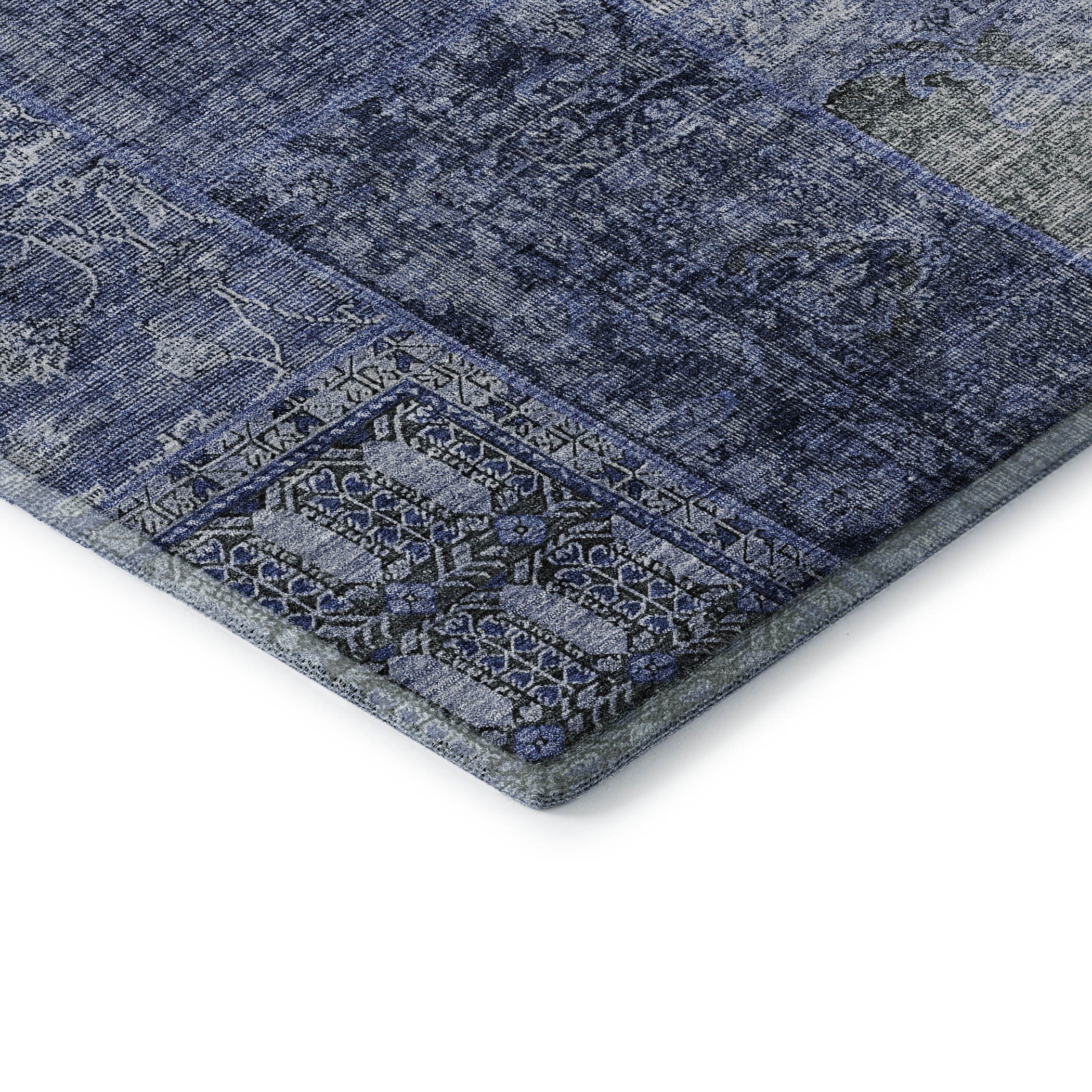 8' X 10' Navy Blue Gray And Silver Patchwork Washable Area Rug With UV Protection Homeroots Home Decor